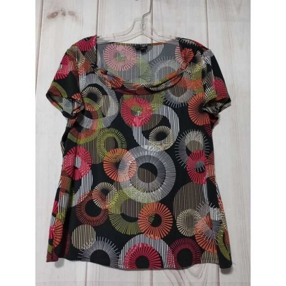 East 5th Womens Black Geometric Circle Print Cowl Neck Short Sleeve Blouse L